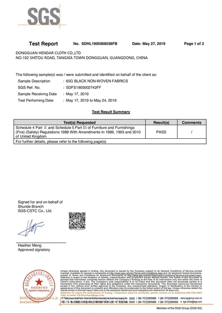 China Dong Guan Hendar Cloth Co., Ltd Certificações